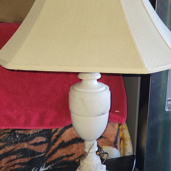 11930’s Solid White Marble Table Lamp with White Silk Shade and Crystal Finial